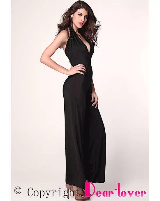 black plunging neckline jumpsuit with wide legs