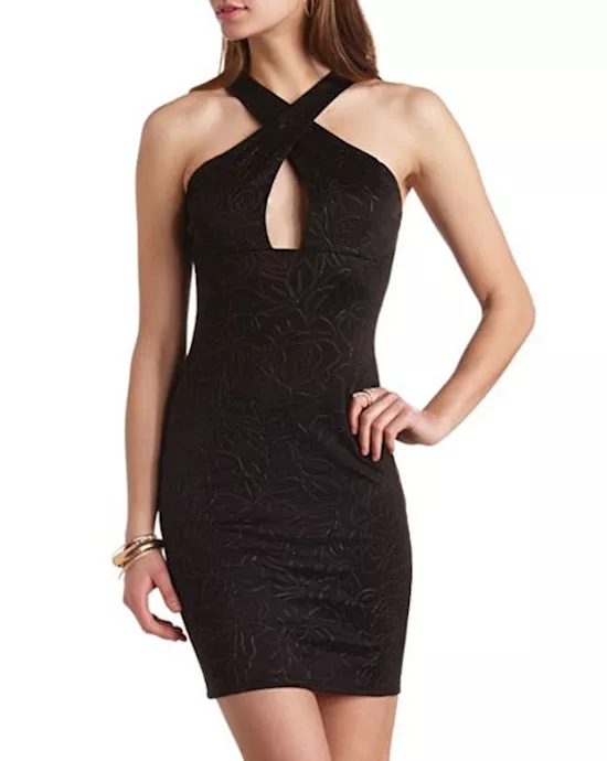 black rose embossed cross neck mini bodycon dress