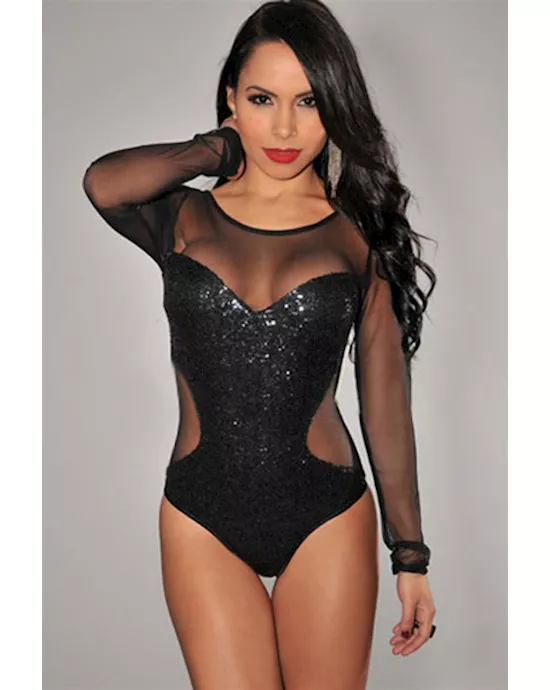 black sequins mesh long sleeves bodysuit