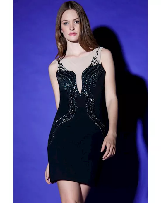 black studded bandage dress with mesh insert