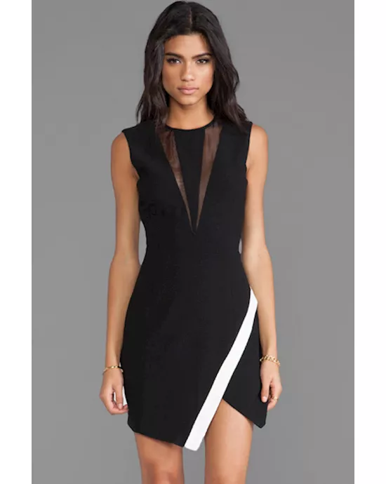 black wrap skirt mini dress with mesh detail