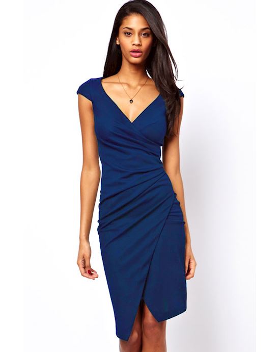 Blue Ruched Wrap Midi Dress