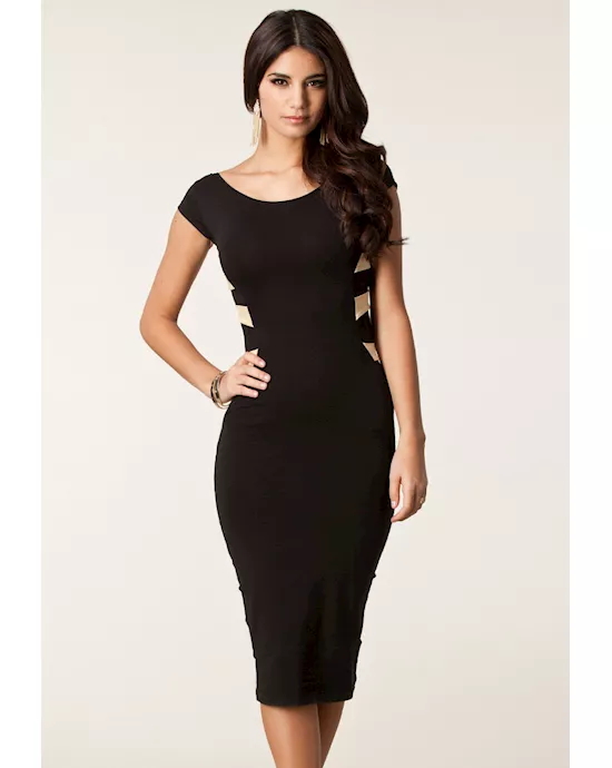 dark blue round neck strappy back skintight midi dress