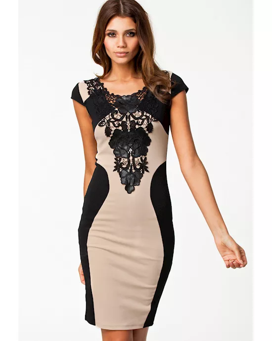 elegant floral embroidery bodycon patchwork midi party dress