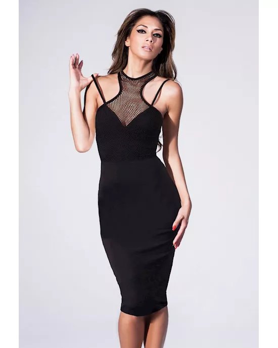 fishnet racer neck black midi dress