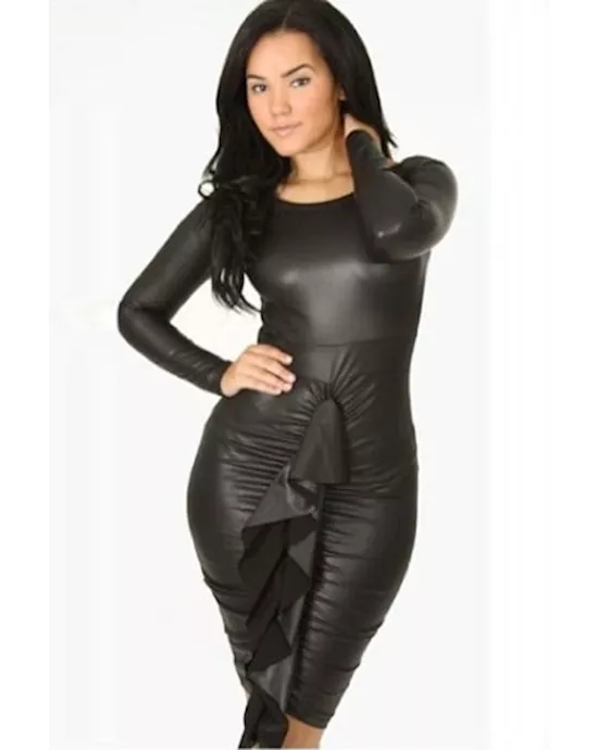 front ruffled long-sleeve leather dress