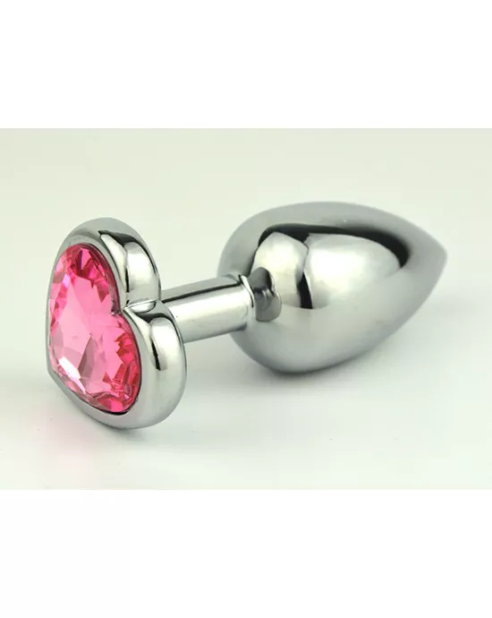 Chrome Butt Plug With Light Pink Heart Shaped Jem
