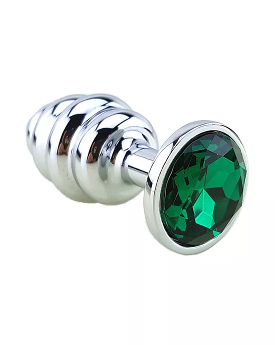 Ribbed Chrome Butt Plug With Gem