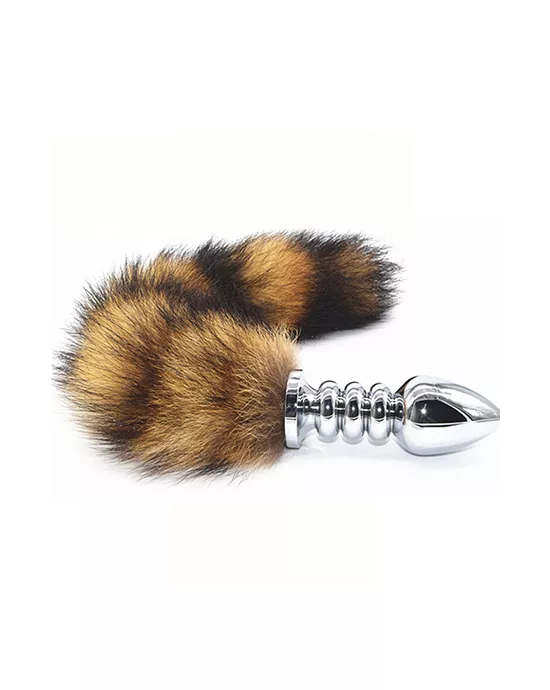 Rippled Chrome Butt Plug with Striped Tail