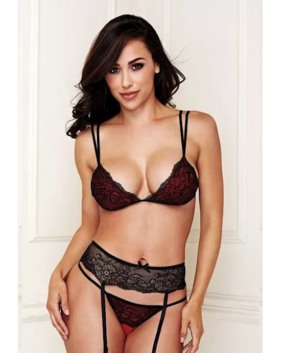 3 Piece Strappy Lace Bra Garter & Crotchless Thong Set