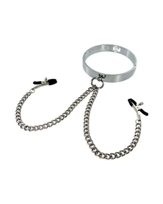 Chrome Slave Collar with Nipple Clamps Small Medium