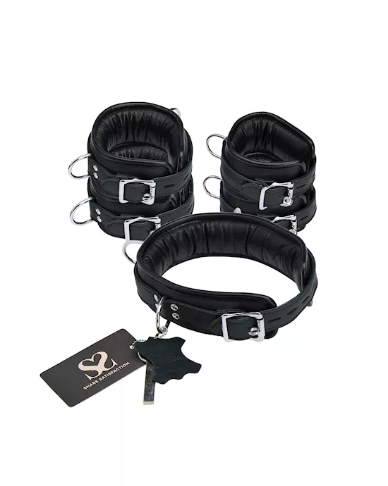Bound X Padded Cuffs And Collar Set With Silver Hardware