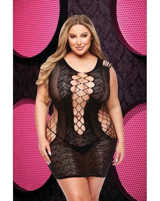 Lace And Fishnet Halter Dress - Black - Q Env