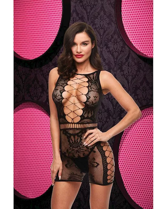Sexy Fishnet And Lace Mini Dress - Black Env
