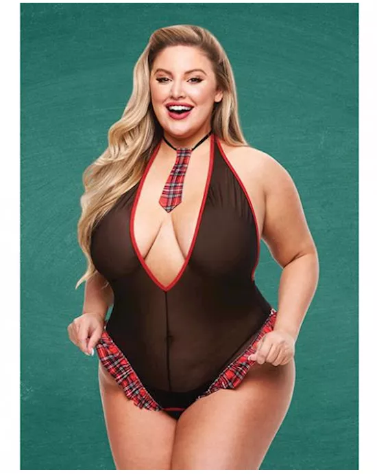 Teacher's Pet Schoolgirl See Thru Crotchless Teddy W/tie Black/red Qn