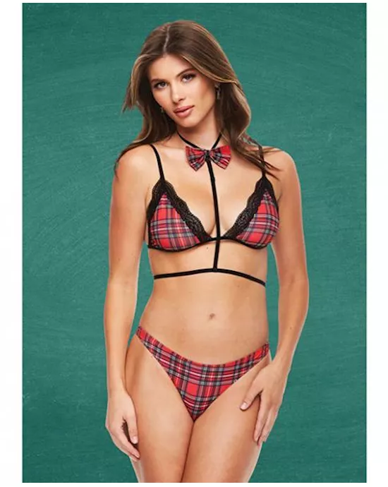 Teacher's Pet Baddie Schoolgirl Top W/bow Tie & Panty Red/black M/l