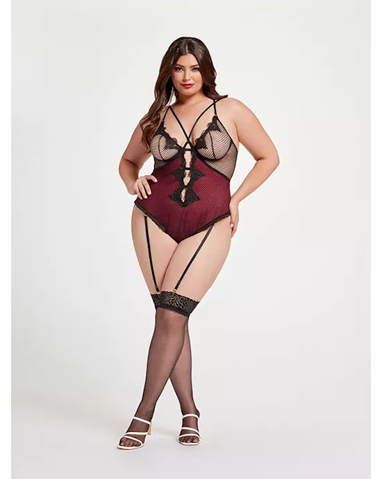 Nothing but Net Guipure Lace and Fishnet Teddy STM-11456X-Black/Wine-1X/2X