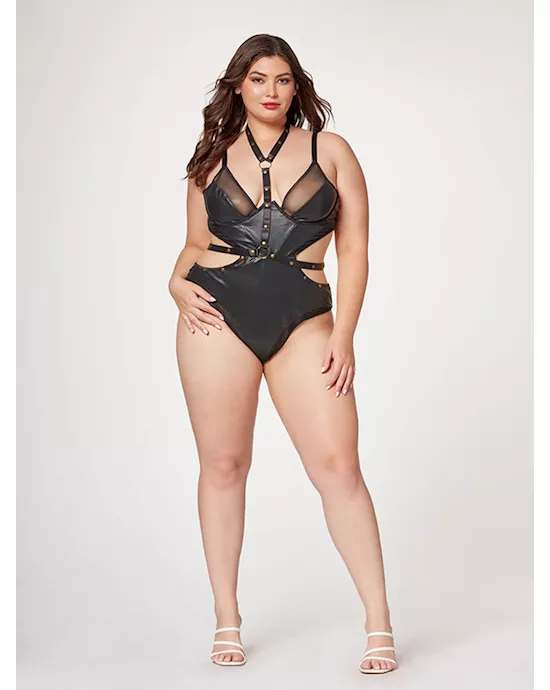 Midnight Love Vegan Leather Two Piece Teddy Set STM-11524X-Black-3X/4X