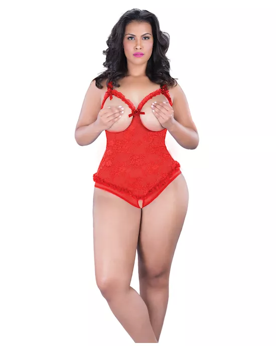 Lace Open Cup & Crotchless Teddy Red QN