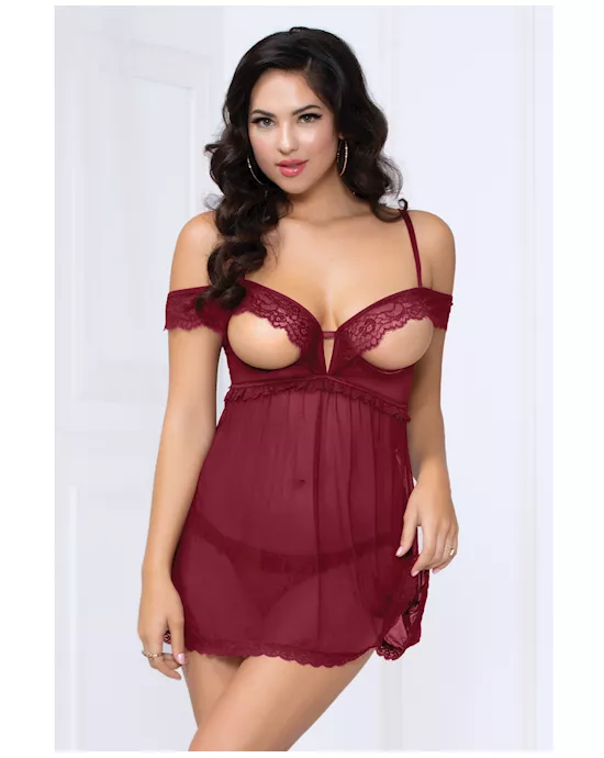 Lace & Mesh Open Cups Babydoll w/Fly Away Back & Panty Wine XL