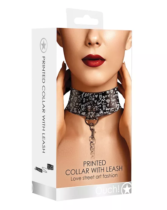Shots Ouch Love Street Art Fashion Printed Collar w/Leash - Black
