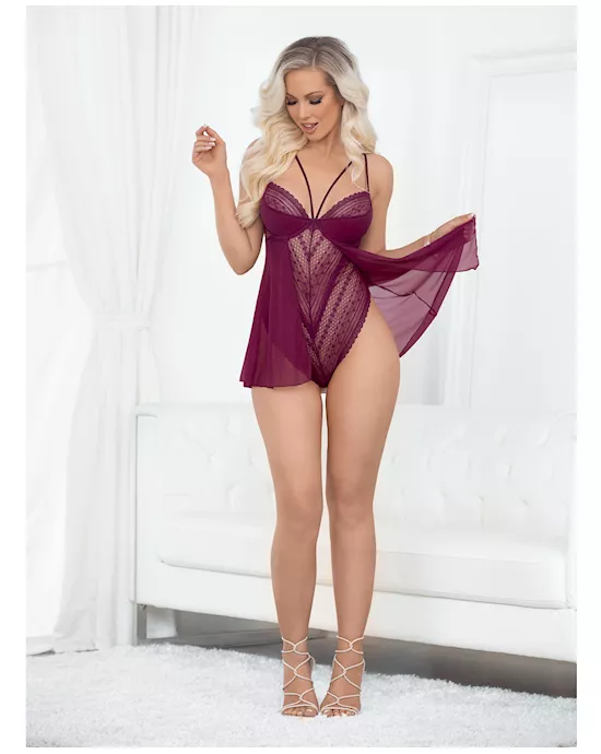 European Lace Teddy Babydoll Wine XL