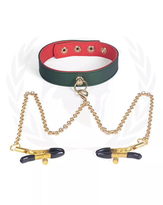 Spartacus PU Collar w/Nipple Clamps - Green