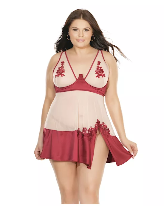 Sheer Nylon & Stretch Satin Babydoll w/Underwire Cups & G-String Merlot/Nude 3X/4X
