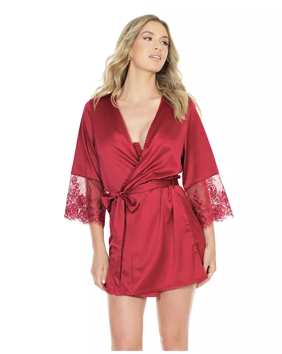 Stretch Satin Robe w/Eyelash Lace Sleeve Merlot O/S