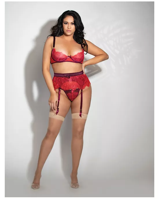 Eyelash Lace Underwire Bra, Garter Skirt & G-String Red 1X/2X