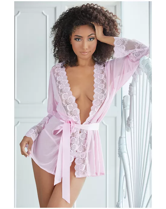 Allure Nina Lace & Mesh Robe w/G-String Pink S/M