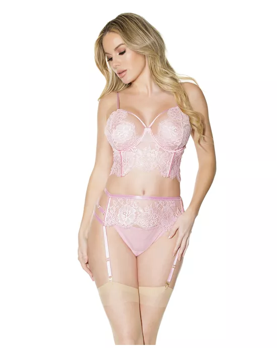 Crystal Pink Longline Bra, Garter Belt & Panty Pink MD