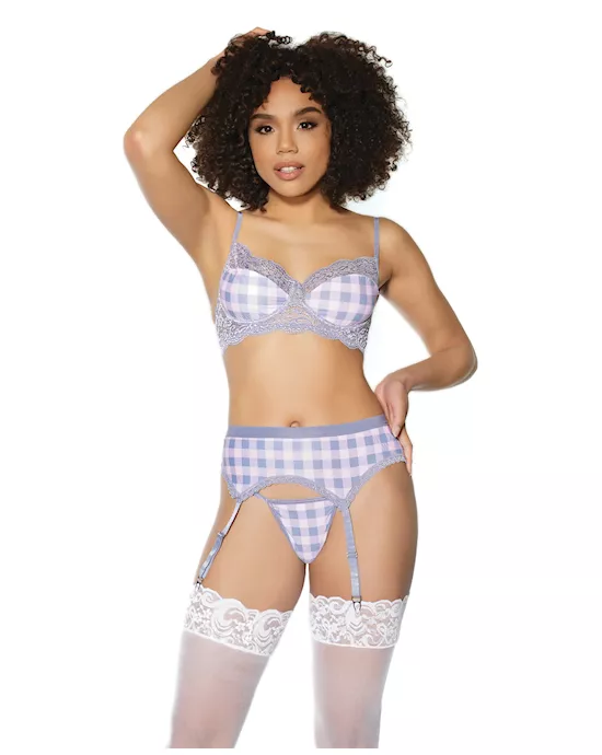 Crystal Pink Buffalo Check Print, Bra, Garter Belt & String Grey/Pink XL