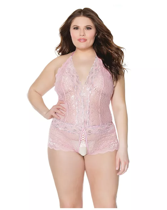Crystal Pink Halter Crotchless Teddy Pink/Silver OS/XL