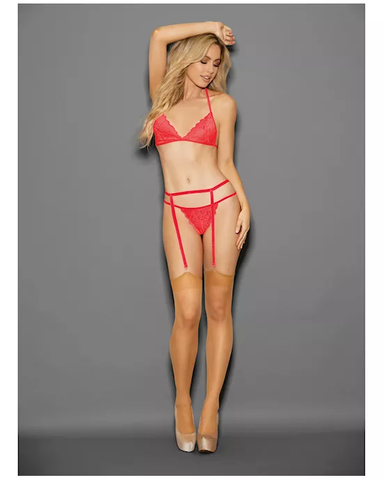 Euphoria Tri Top Bra, Garterbelt, G-String & Hose Blazing Coral O/S