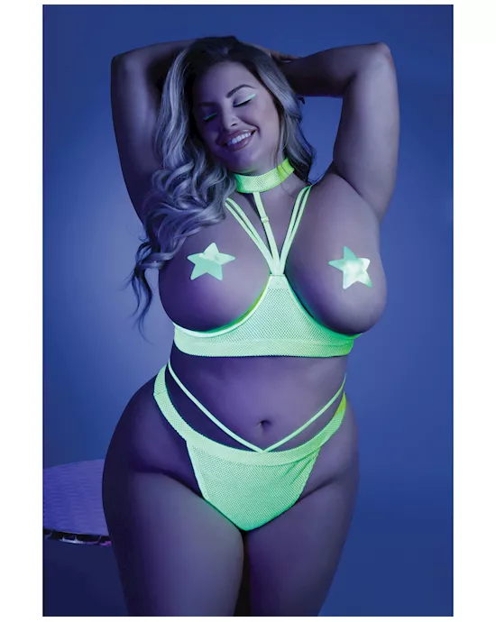 Glow Black Light Harness Open Shelf Bra & Cage Thong (Pasties not Included) Neon Lemon QN