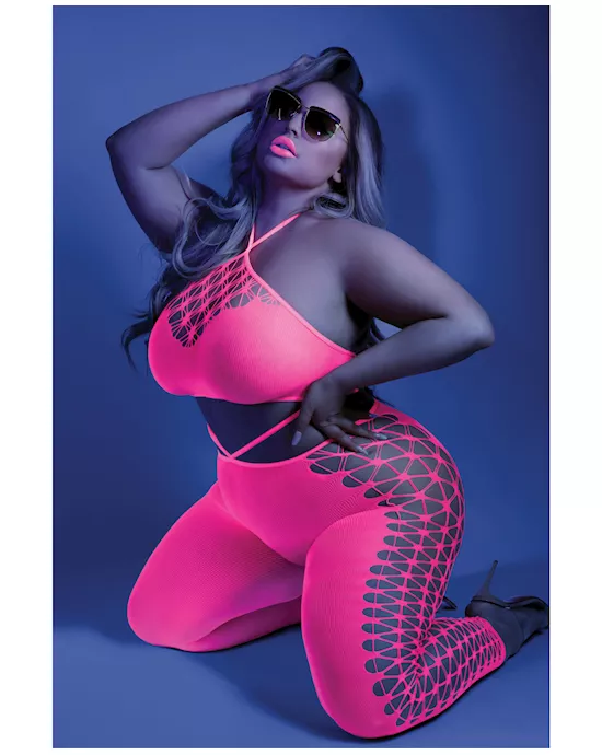 Glow Black Light Cropped Cutout Halter Bodystocking Neon Pink QN
