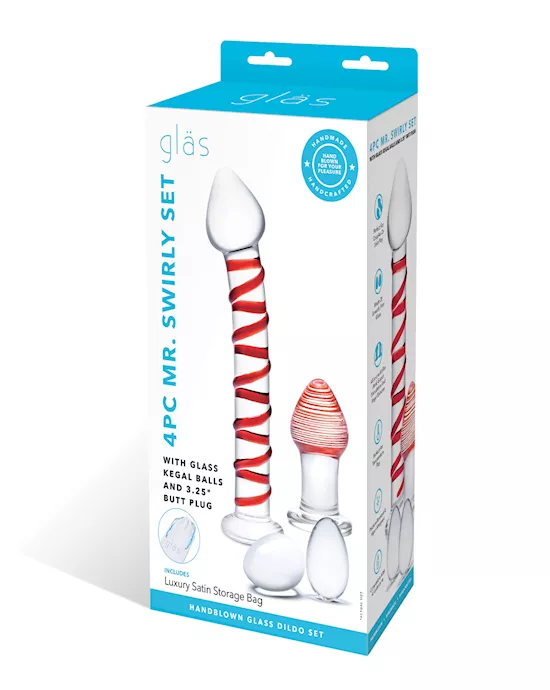 Glas 4 pc Mr. Swirly Set w/Glass Kegel Balls & 3.25" Butt Plug - Red