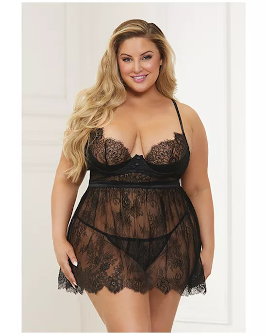 Lace & Satin Babydoll & Panty Black 3X/4X