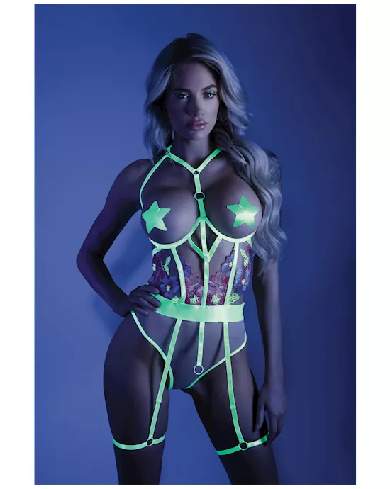Glow Black Light Embroidered Cupless Garter Teddy (Pasties Not Included) Neon Chartreuse S/M