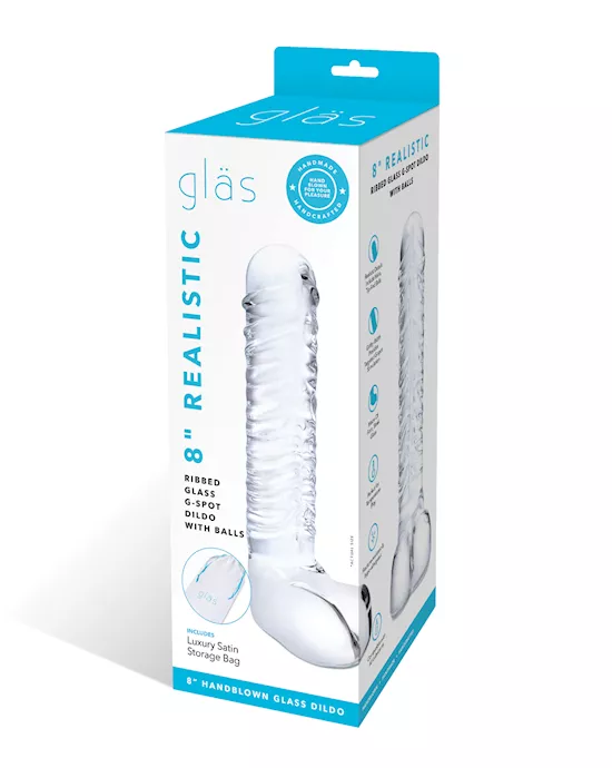 Glas 8" Realistic Ribbed Glass G-Spot Dildo w/Balls - Clear