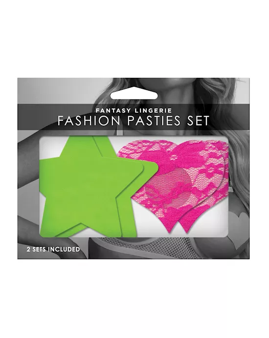 Fantasy UV Reactive Neon Star & Lace Heart Pasties - Green & Pink O/S Pack of 2