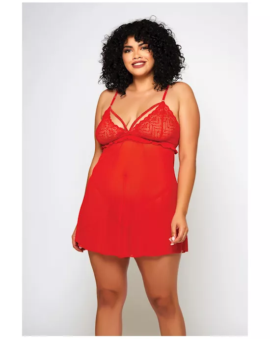 Galloon Lace & Fine Mesh Babydoll & G-String Red 2X