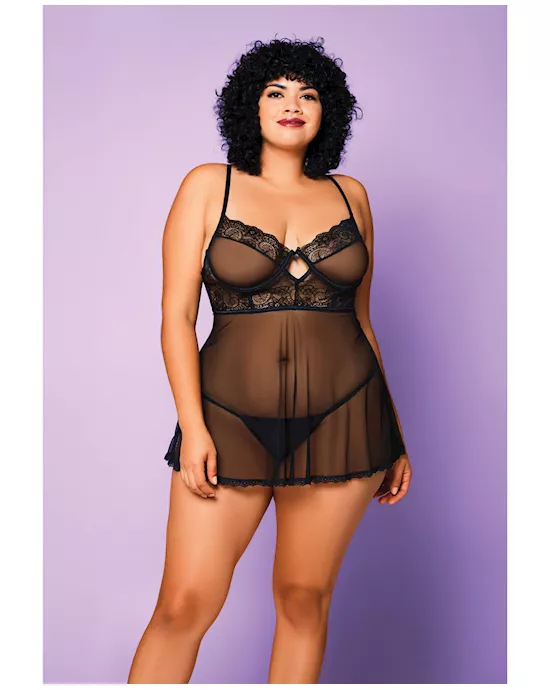 Soft Mesh Babydoll & G-String Black 1X