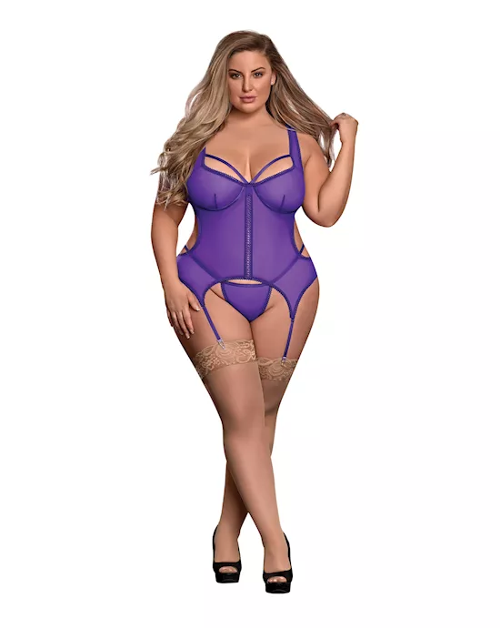 Sheer Mesh Merry Widow & Crotchless G-String Purple QN