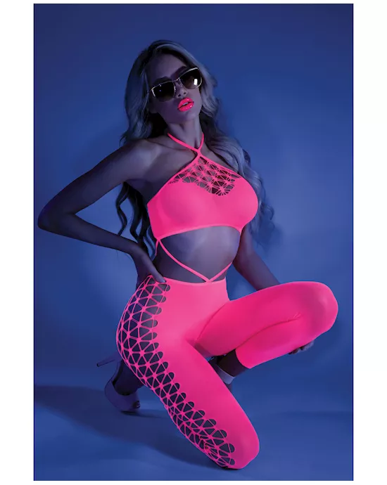 Glow Black Light Cropped Cutout Halter Bodystocking Neon Pink O/S
