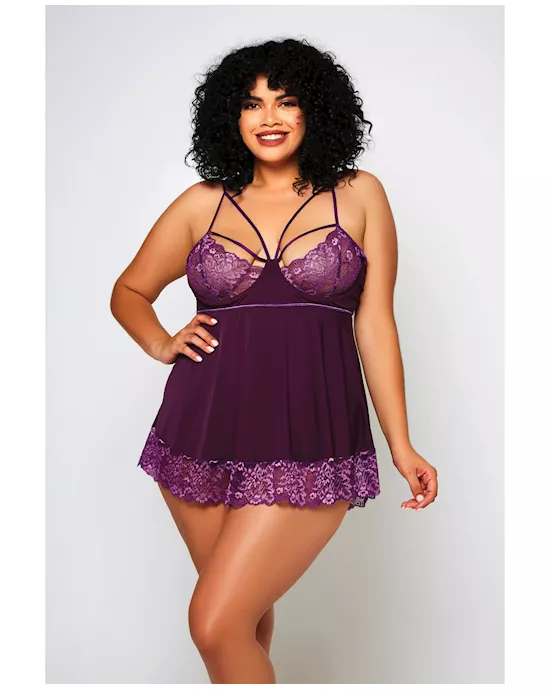 Cross Dye Lace & Microfiber Babydoll & G-String Purple 2X