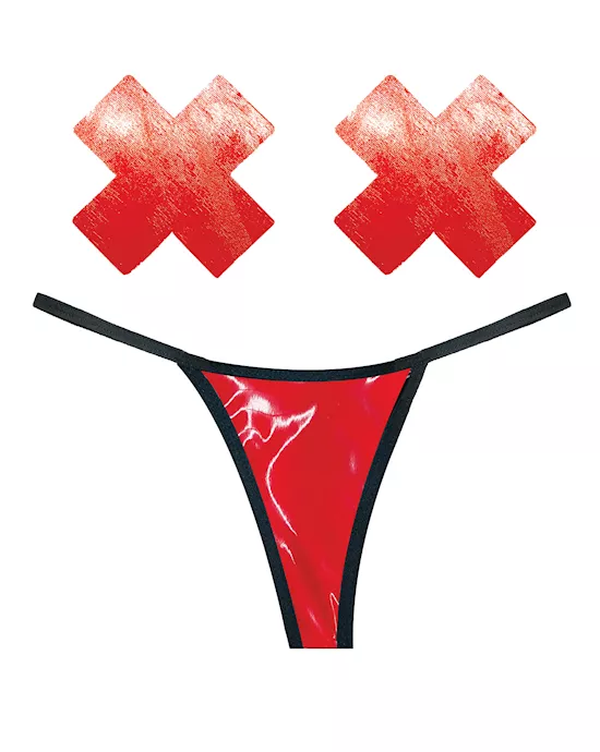 Neva Nude Naughty Knix Vixen Wet Vinyl G-String & Pasties - Red O/S