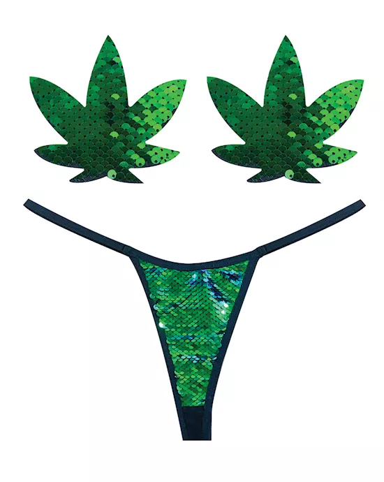 Neva Nude Naughty Knix Weed Leaf Sequin G-String & Pasties - Green  O/S