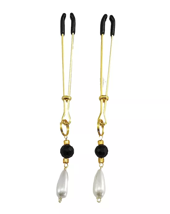 Bijoux de Nip Tweezer Nipple Clamp w/Black & Gold Beads w/Pearl - Gold
